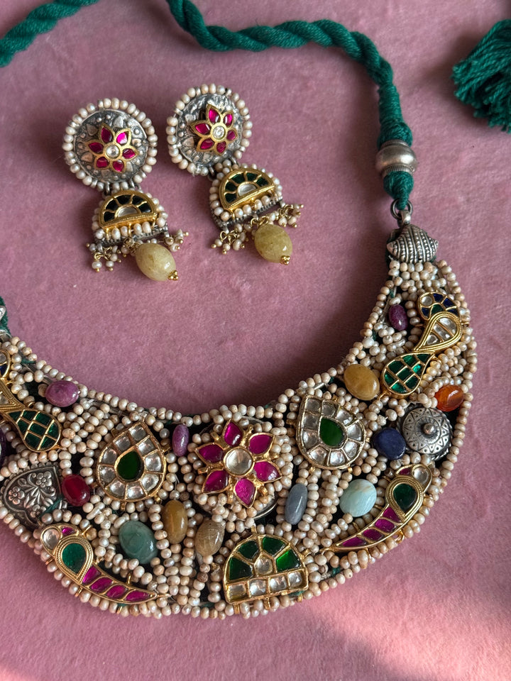 Handmade 925 Silver Nakhra Gemstone Necklace Set | SHIVKA