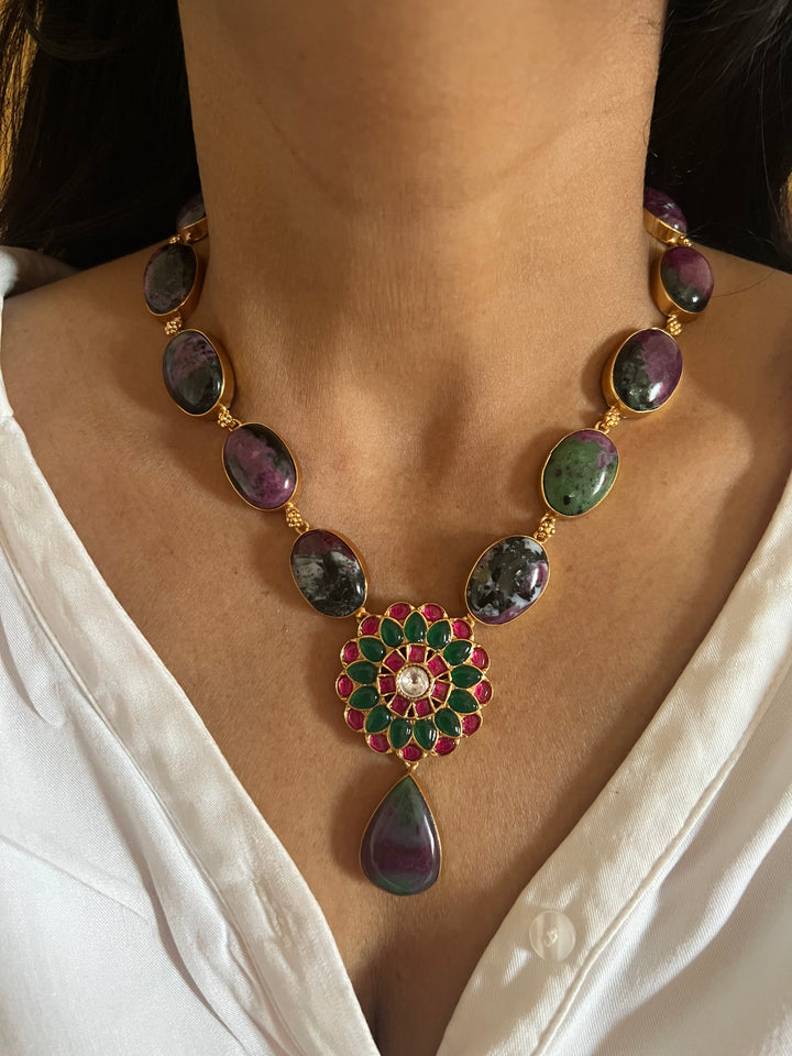 Stunning Designer Ruby Zoisite Kempu Necklace Set by SHIVKA – Perfect for Weddings and Festivals