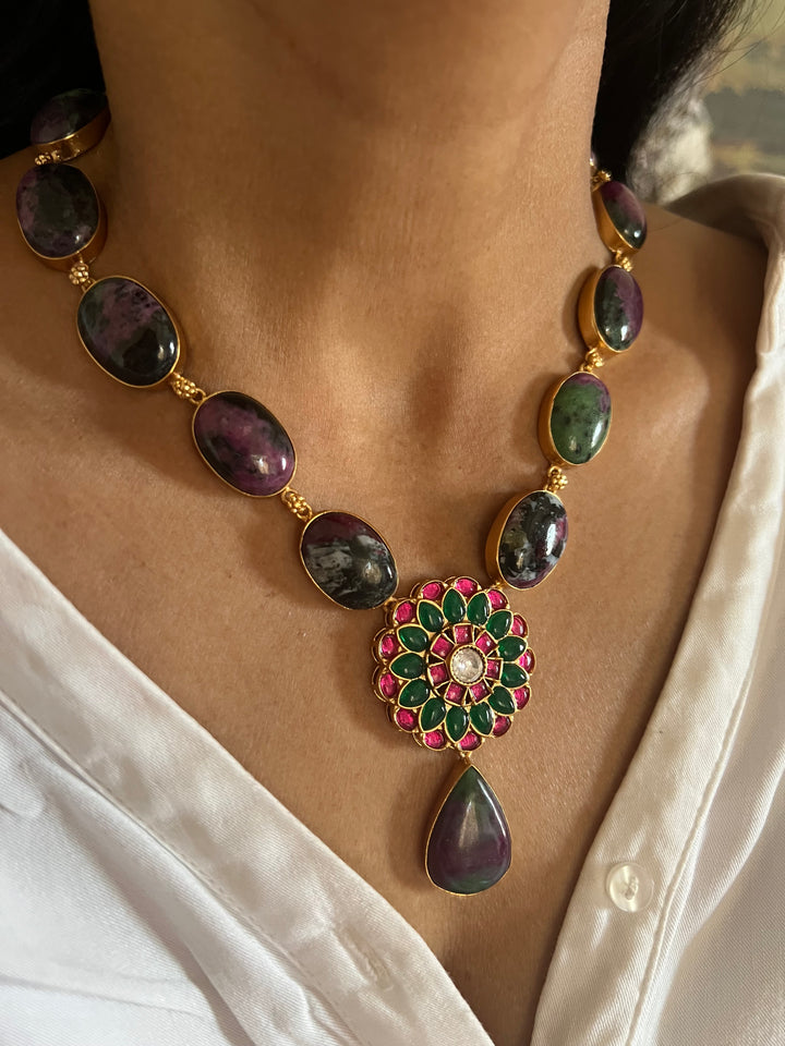 Stunning Designer Ruby Zoisite Kempu Necklace Set by SHIVKA – Perfect for Weddings and Festivals
