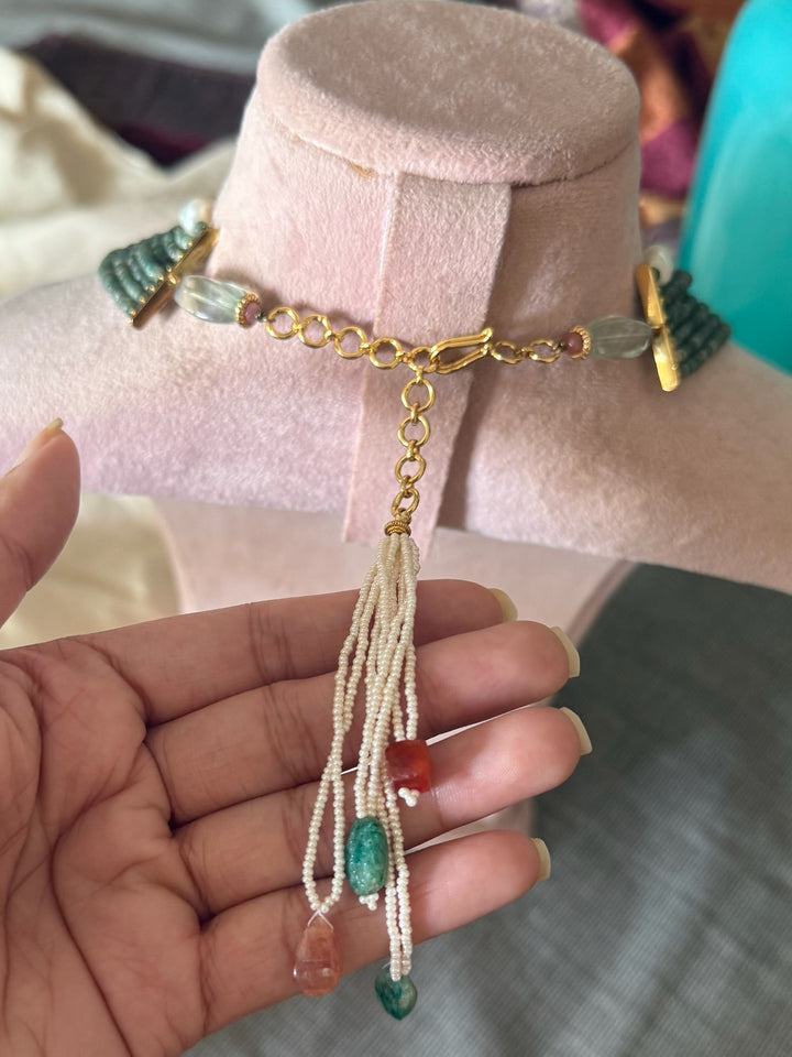 Handmade Antique Kundan Statement Necklace with Natural Gemstones | Adjustable Hook Closure by SHIVKA