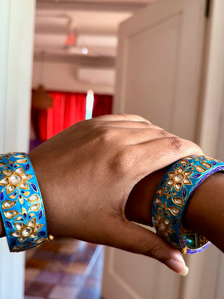 SHIVKA Enamelled 925 Silver Kundan Kada | Set of 2 | Openable Screw Lock | 180g