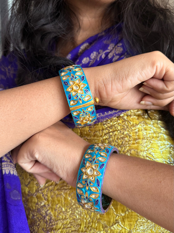 SHIVKA Enamelled 925 Silver Kundan Kada | Set of 2 | Openable Screw Lock | 180g