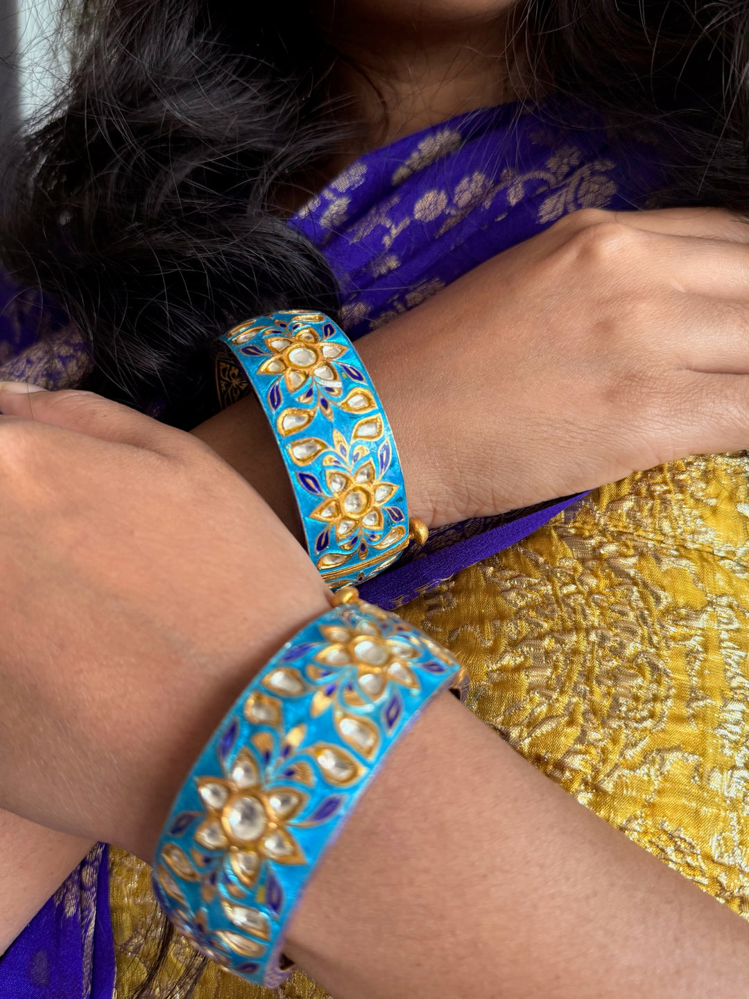 SHIVKA Enamelled 925 Silver Kundan Kada | Set of 2 | Openable Screw Lock | 180g