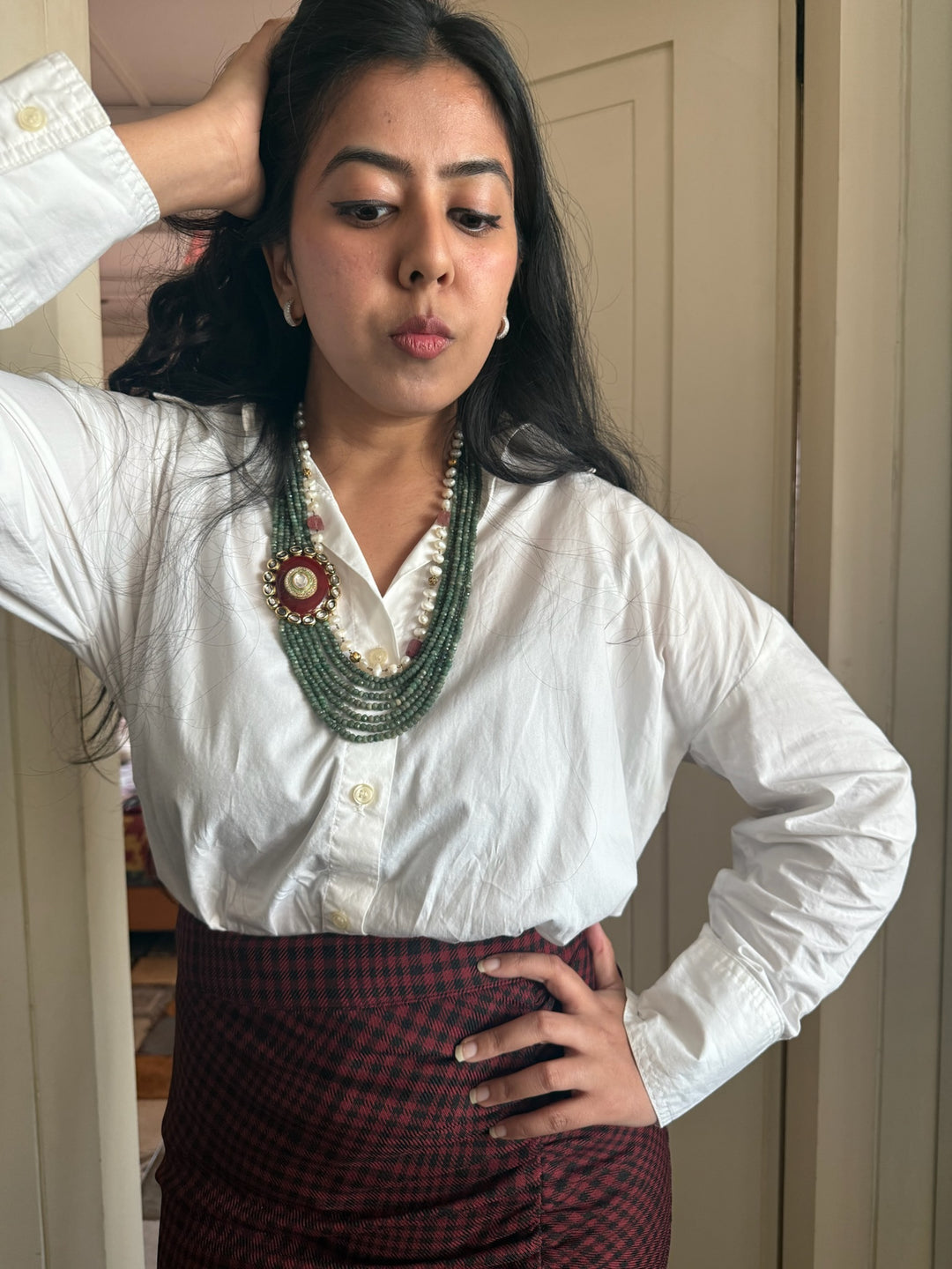 Handmade Antique Kundan Statement Necklace with Natural Gemstones | Adjustable Hook Closure by SHIVKA