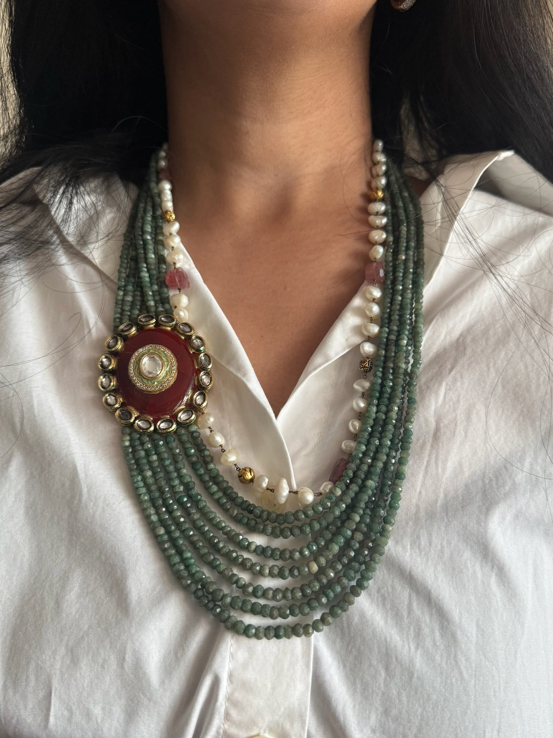 Handmade Antique Kundan Statement Necklace with Natural Gemstones | Adjustable Hook Closure by SHIVKA