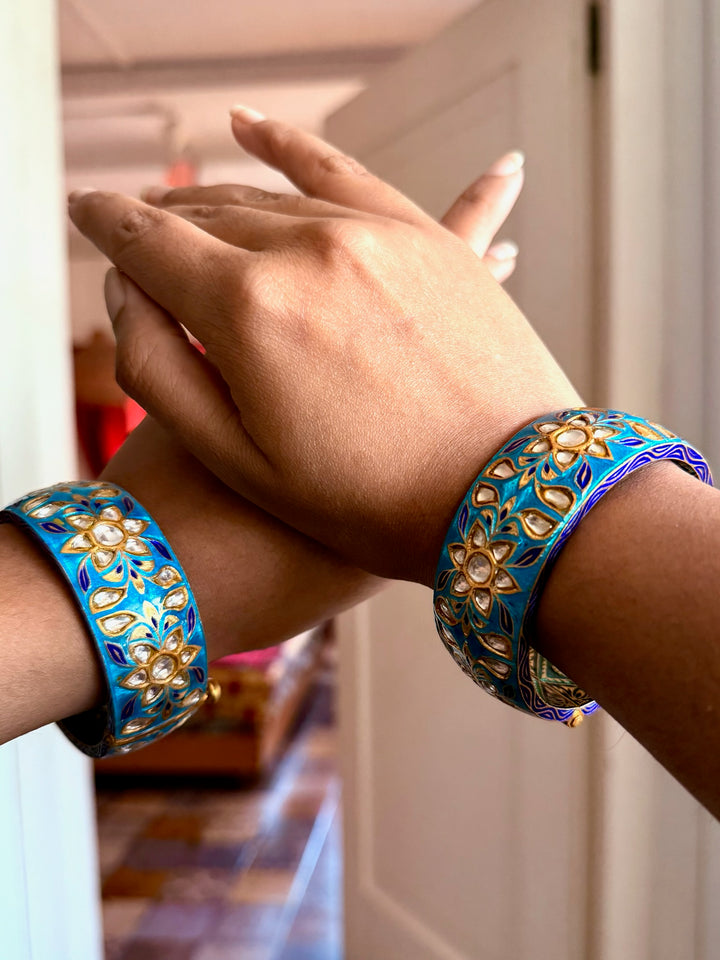 SHIVKA Enamelled 925 Silver Kundan Kada | Set of 2 | Openable Screw Lock | 180g