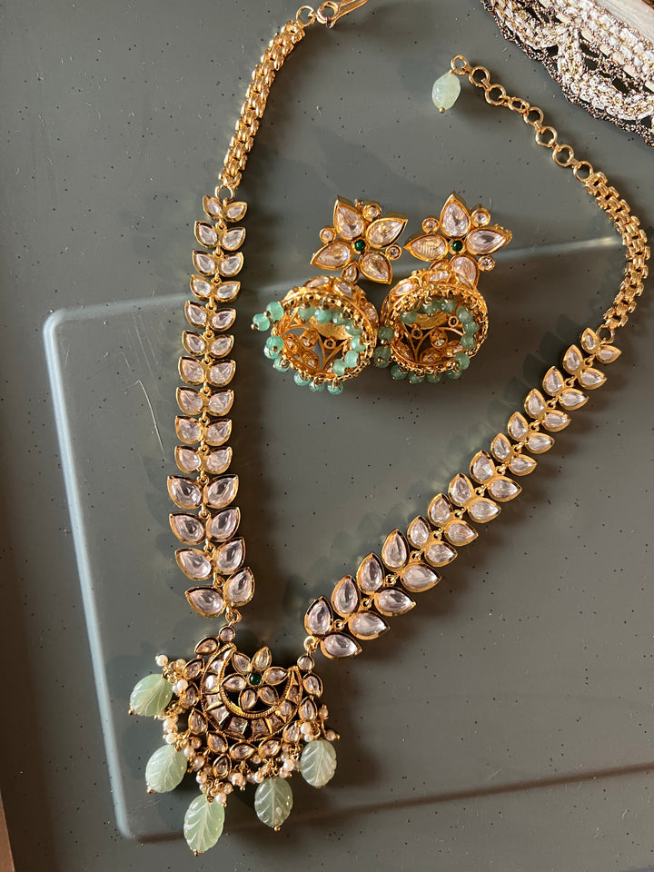 Scintillating Kundan Pendant Short Necklace with Jhumkas