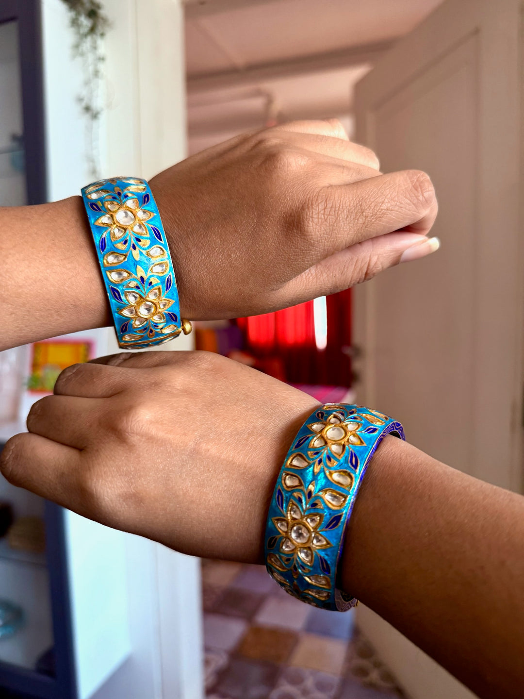 SHIVKA Enamelled 925 Silver Kundan Kada | Set of 2 | Openable Screw Lock | 180g