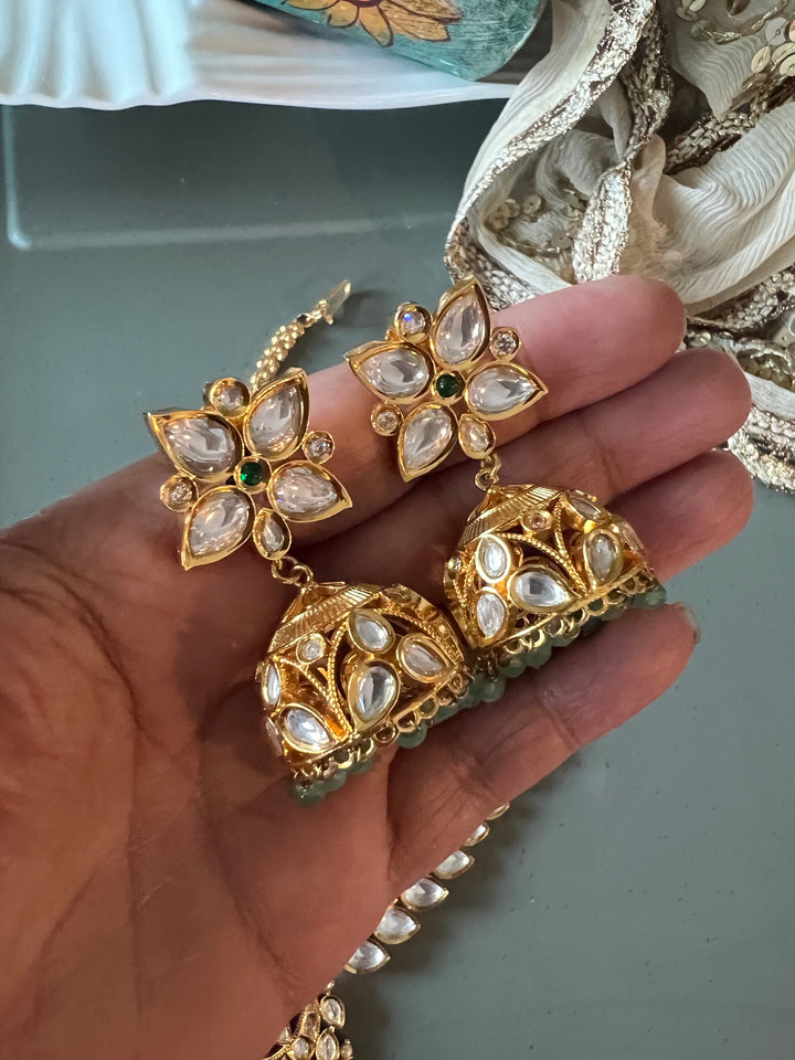 Scintillating Kundan Pendant Short Necklace with Jhumkas