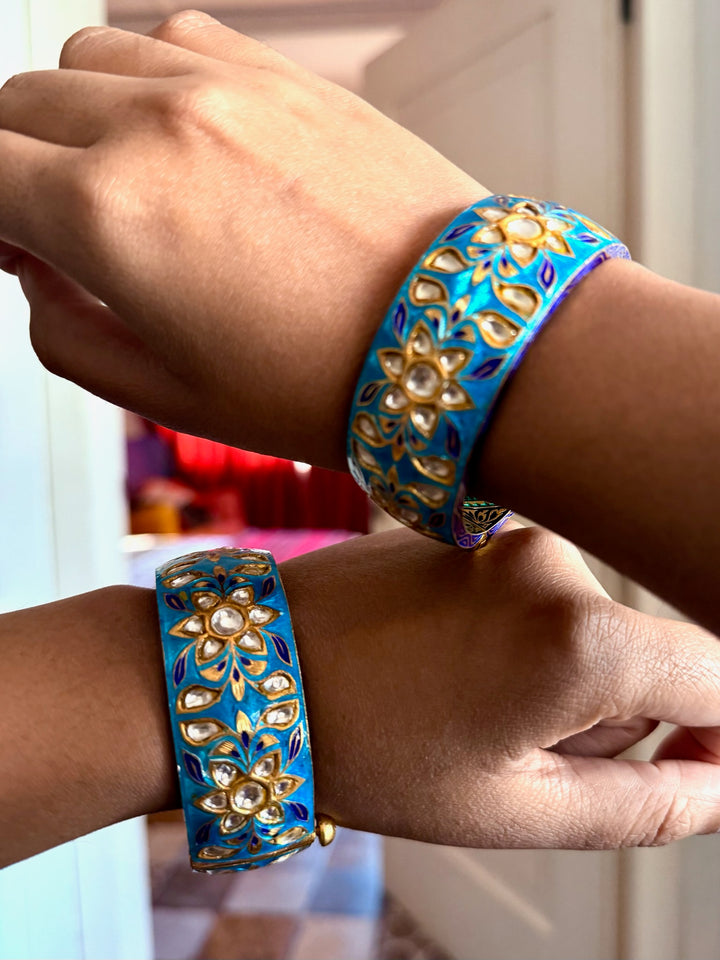 SHIVKA Enamelled 925 Silver Kundan Kada | Set of 2 | Openable Screw Lock | 180g