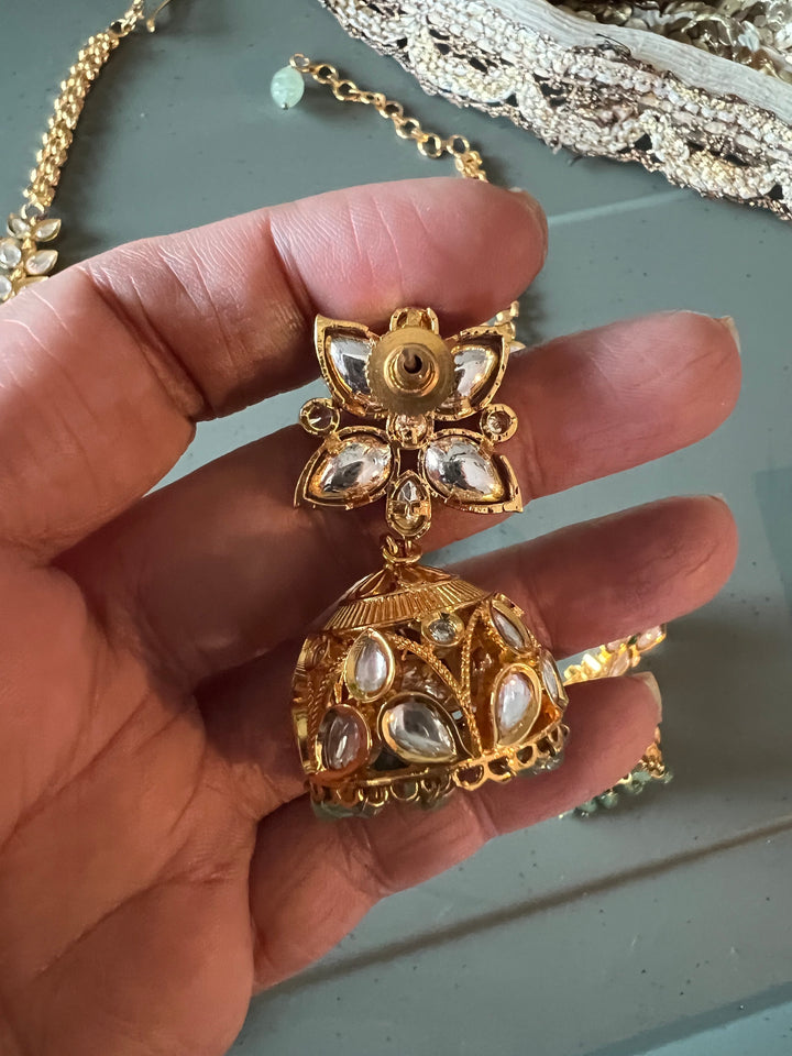 Scintillating Kundan Pendant Short Necklace with Jhumkas