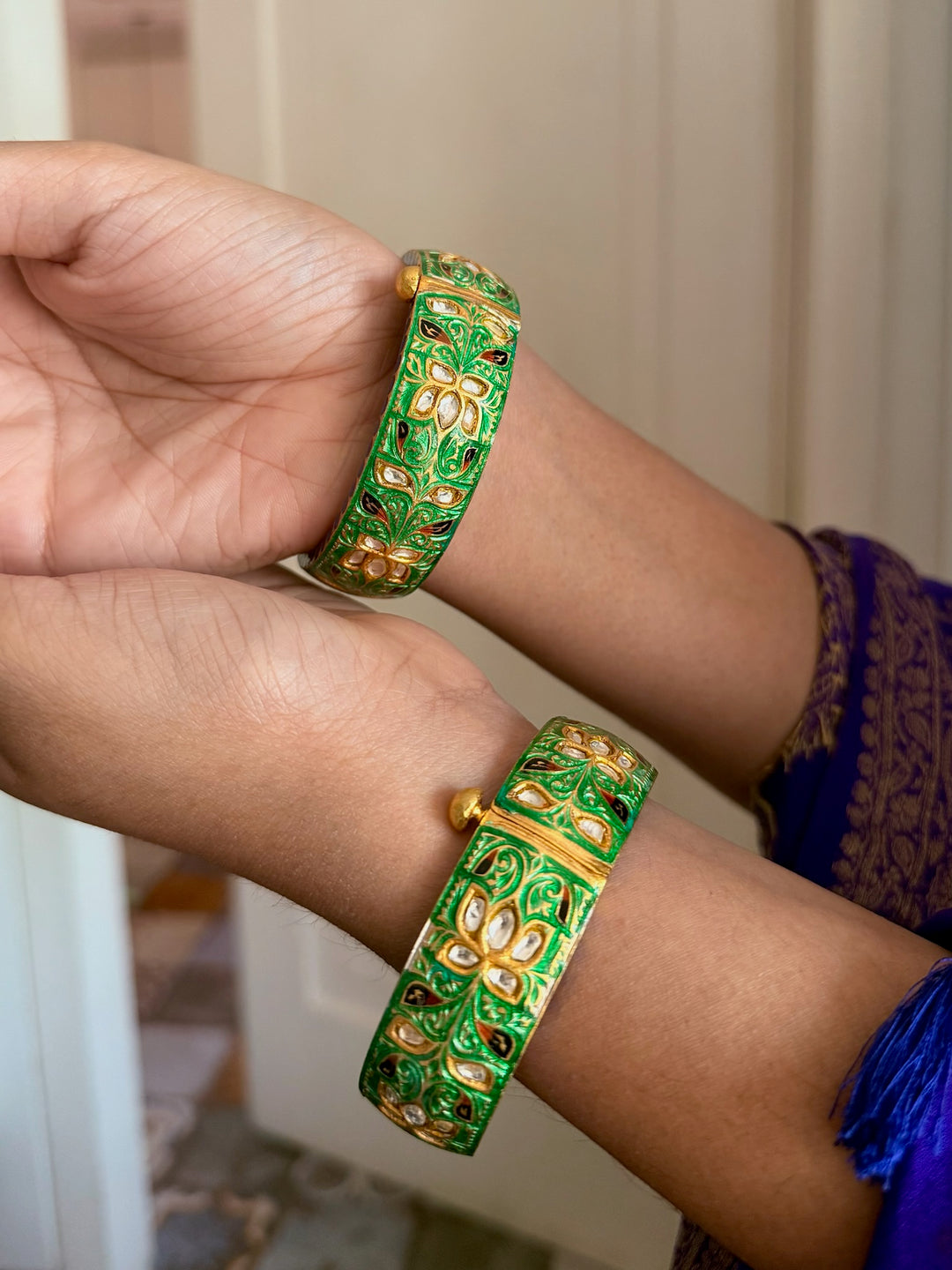 SHIVKA Enamelled 925 Silver Kundan Kada | Set of 2 | Openable Screw Lock | 150g