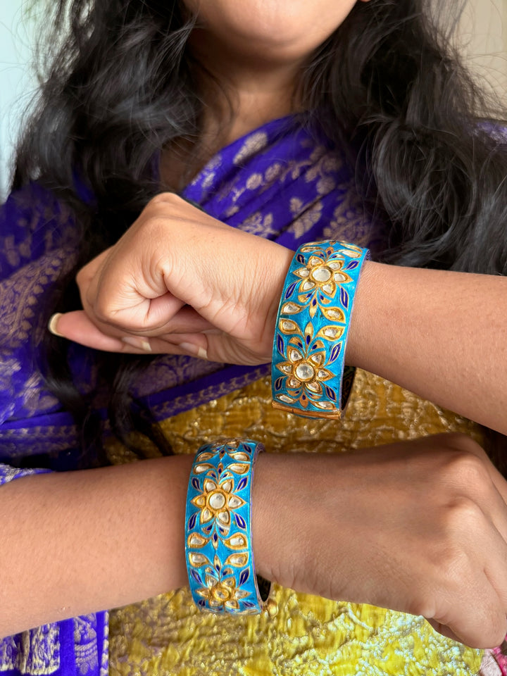 SHIVKA Enamelled 925 Silver Kundan Kada | Set of 2 | Openable Screw Lock | 180g