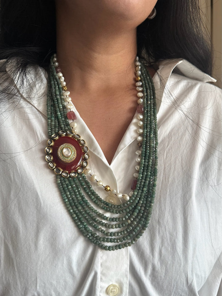 Handmade Antique Kundan Statement Necklace with Natural Gemstones | Adjustable Hook Closure by SHIVKA