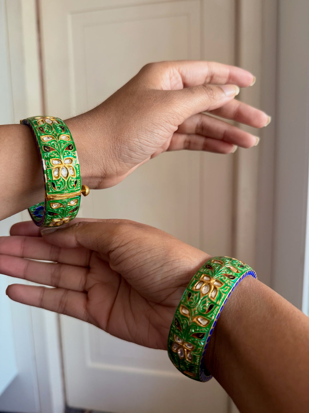 SHIVKA Enamelled 925 Silver Kundan Kada | Set of 2 | Openable Screw Lock | 150g