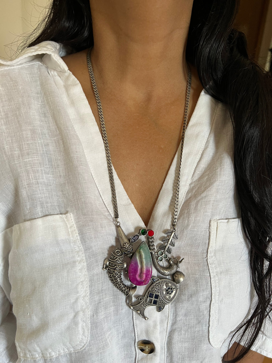 Handmade Antique Brass Stone Necklace - Casual Elegance with a Vintage Twist