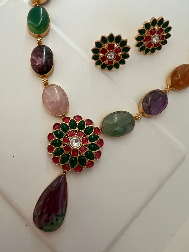 Stunning Designer Multi Gemstones Kempu Necklace Set by SHIVKA – Perfect for Weddings and Festivals