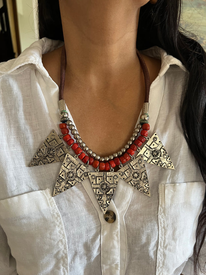 Artisanal Brass and Stone Statement Necklace