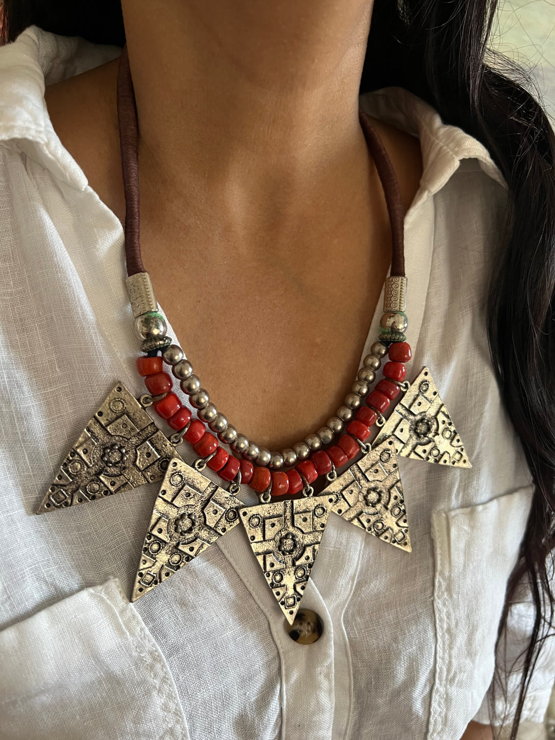 Artisanal Brass and Stone Statement Necklace
