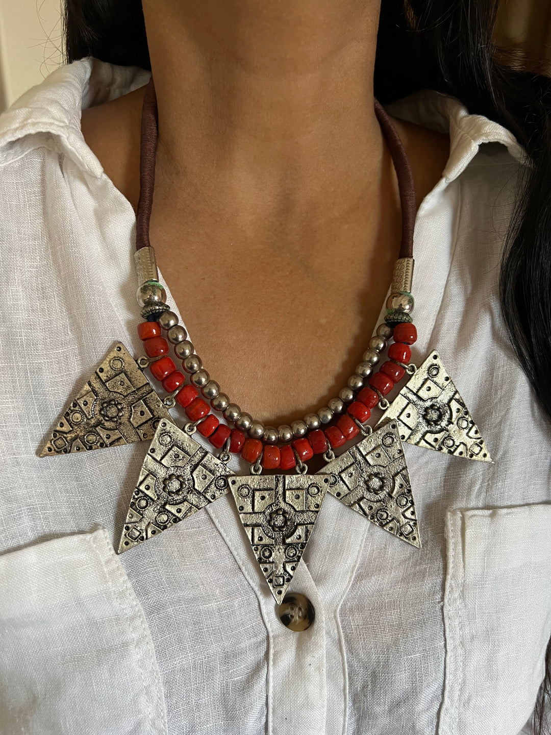 Artisanal Brass and Stone Statement Necklace