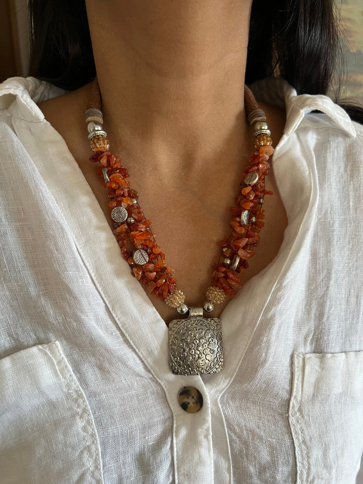 Artisanal Brass and Stone Statement Necklace