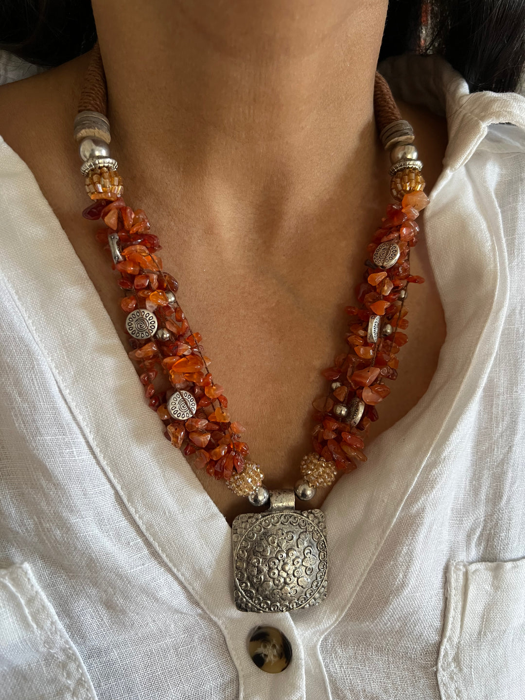 Artisanal Brass and Stone Statement Necklace