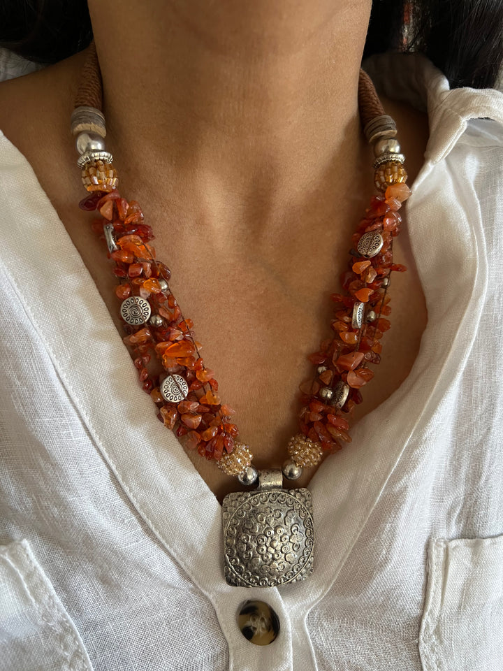 Artisanal Brass and Stone Statement Necklace