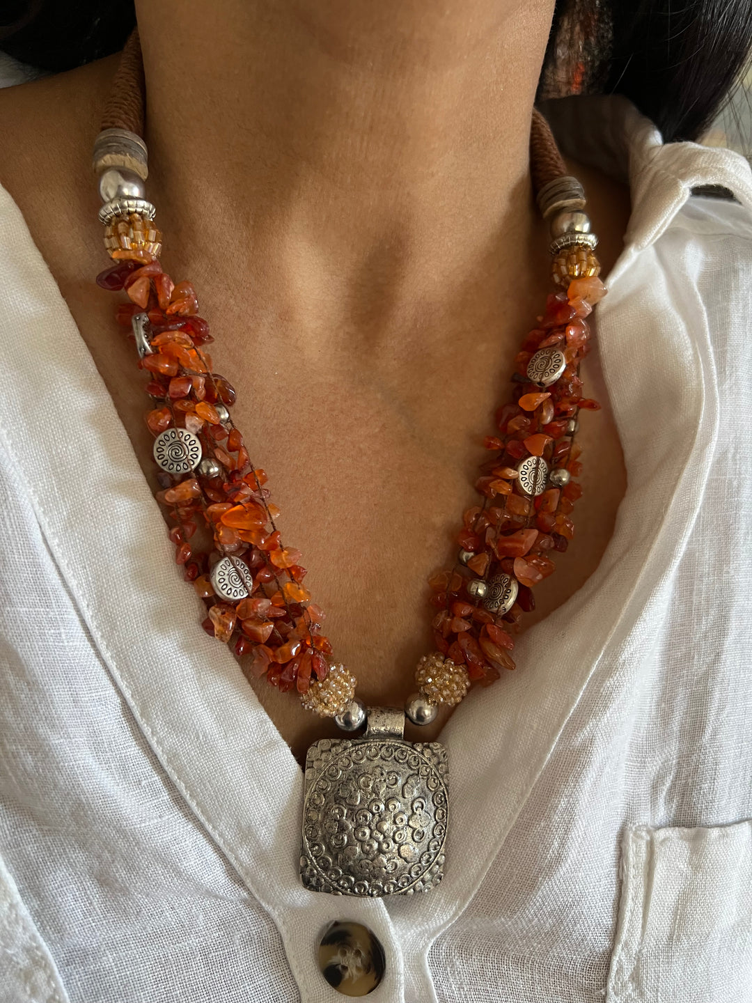 Artisanal Brass and Stone Statement Necklace