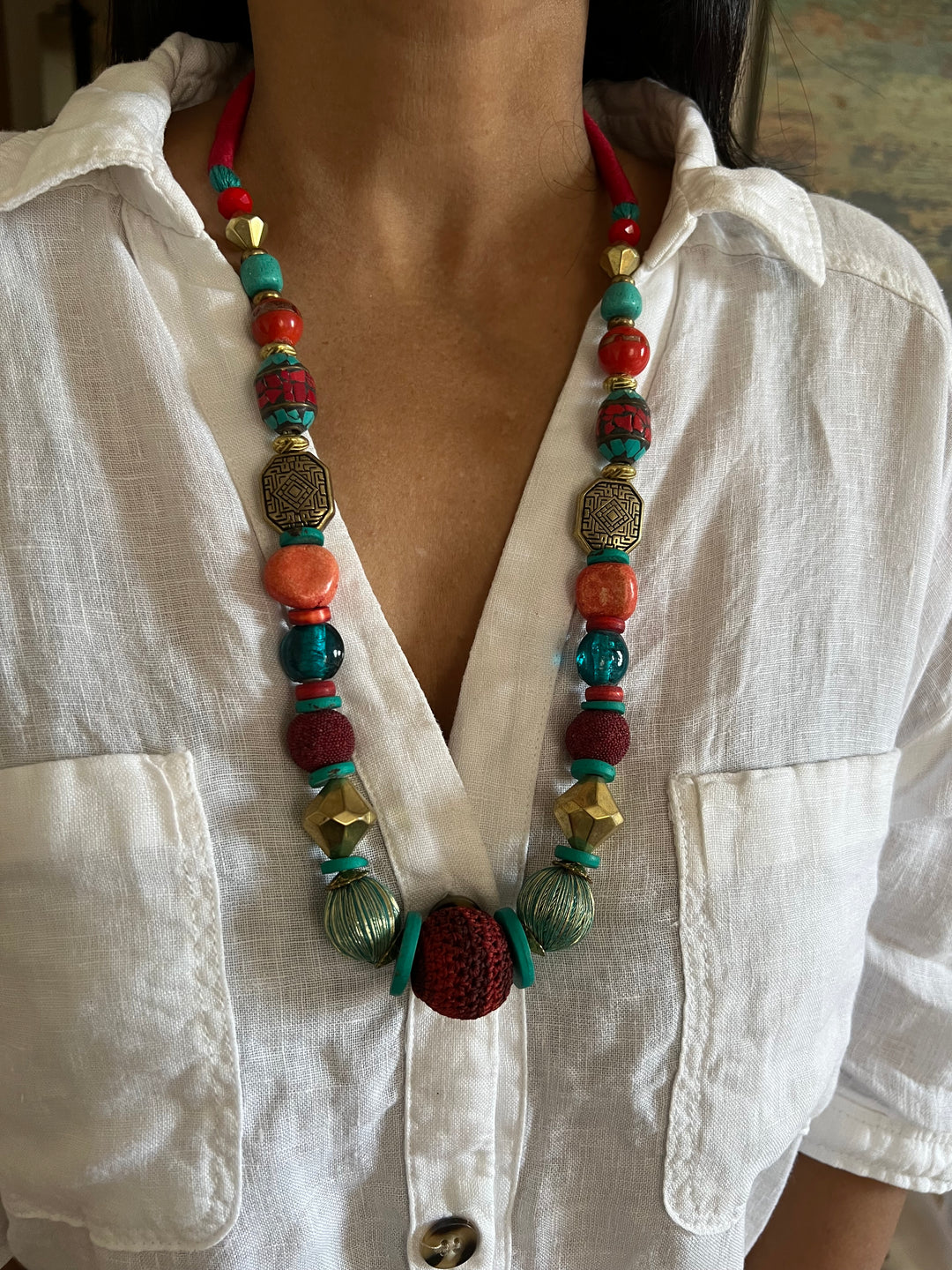 Artisanal Brass and Stone Statement Necklace