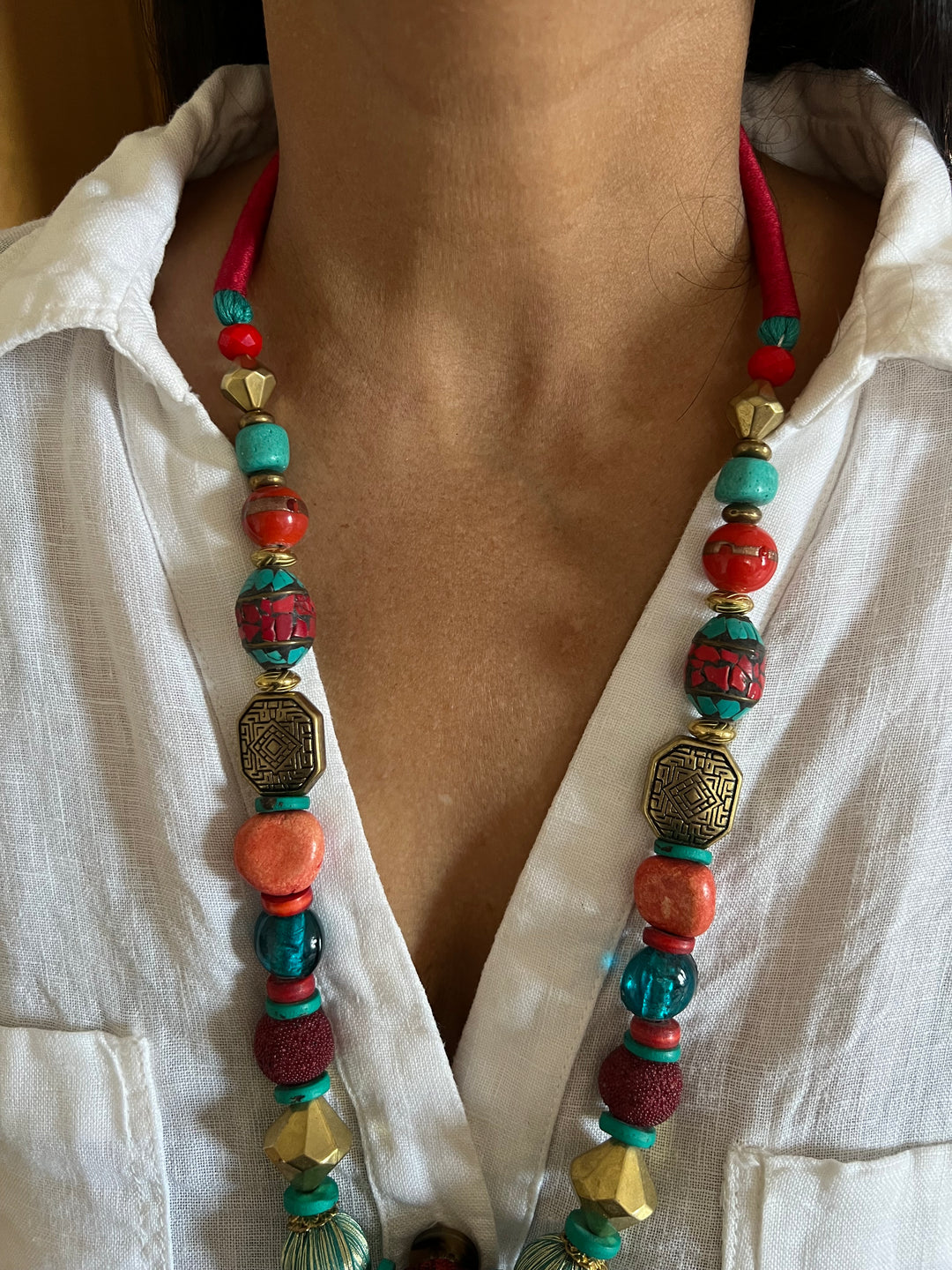 Artisanal Brass and Stone Statement Necklace