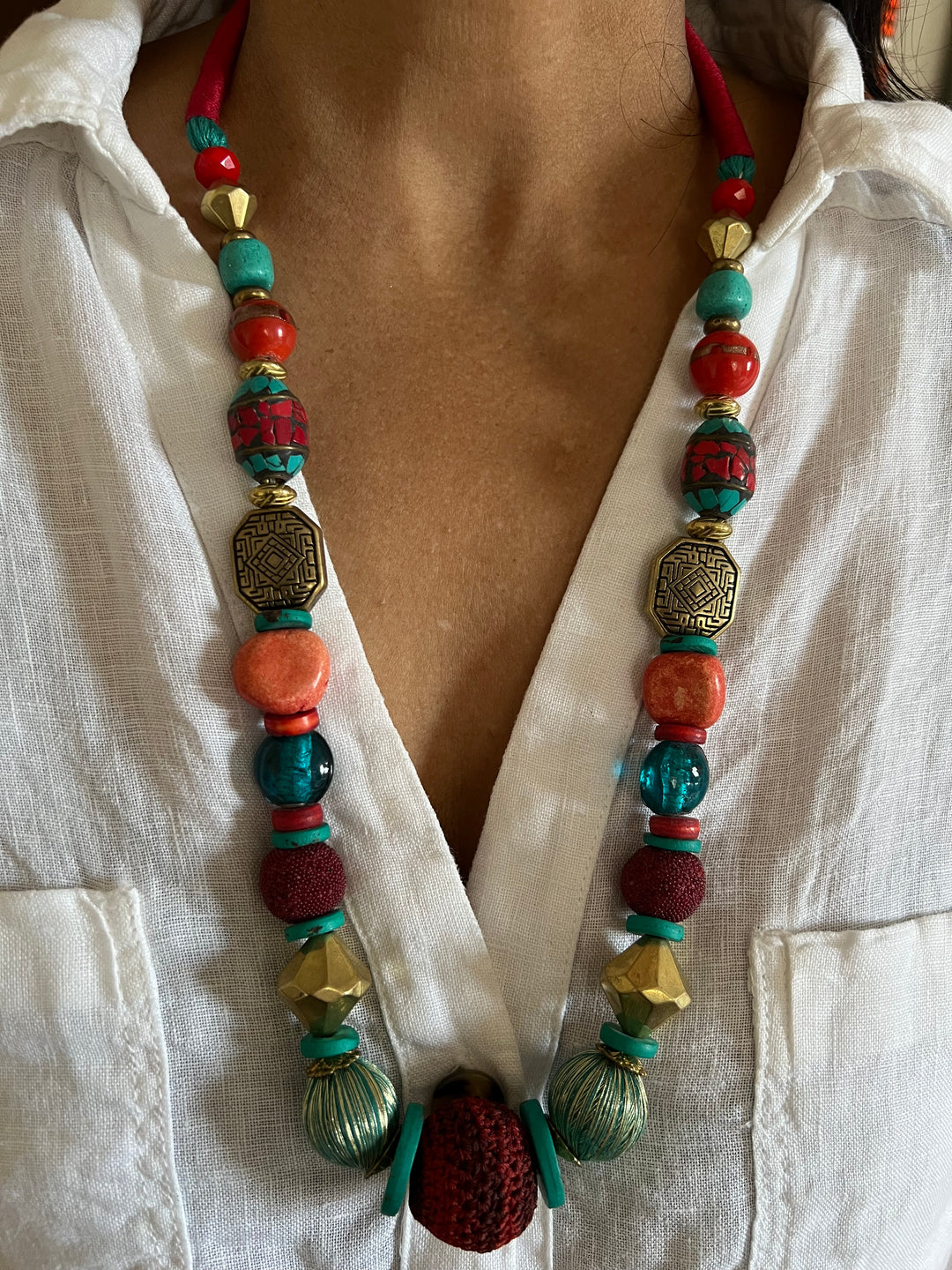 Artisanal Brass and Stone Statement Necklace
