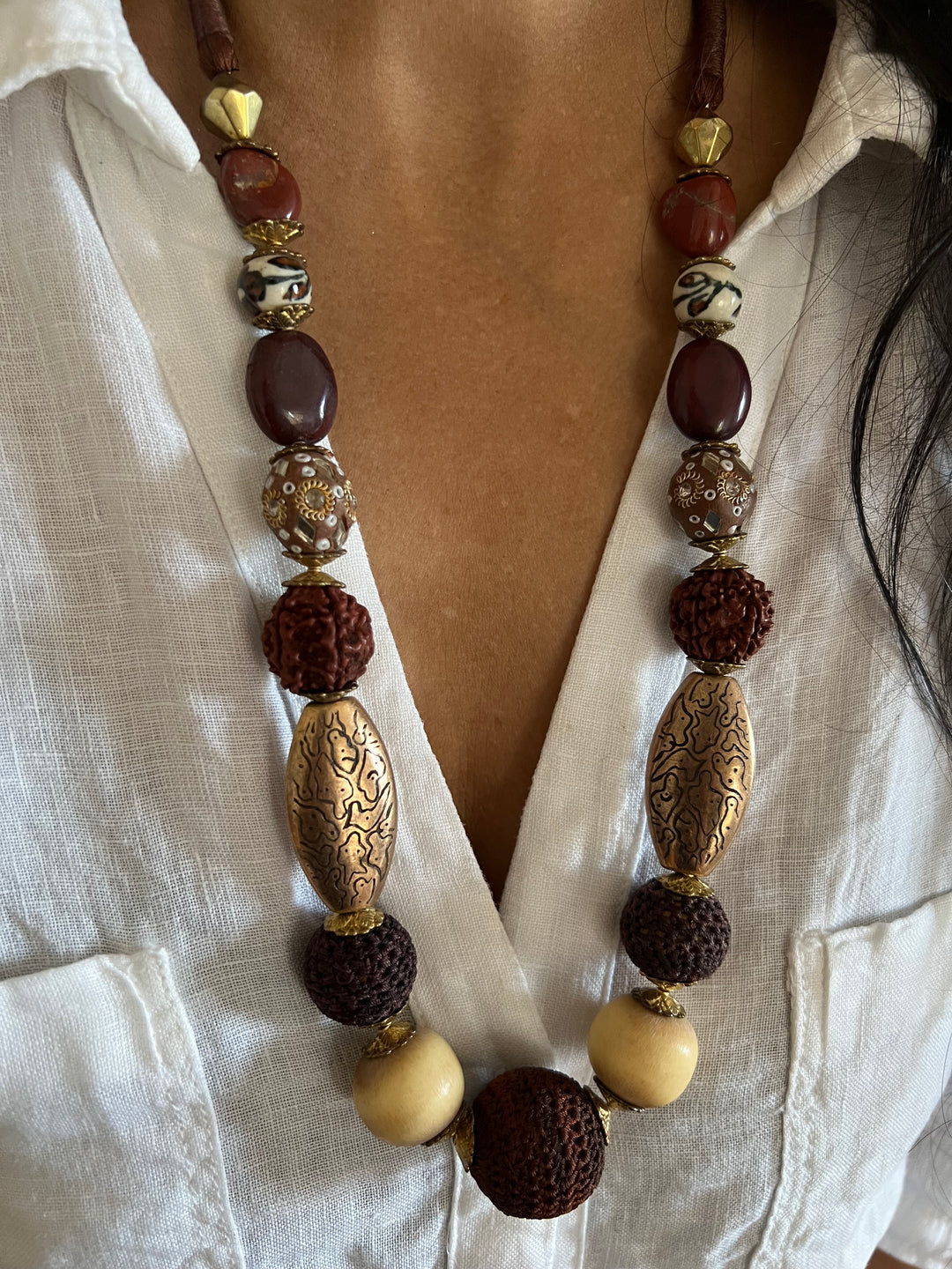Artisanal Brass and Stone Statement Necklace