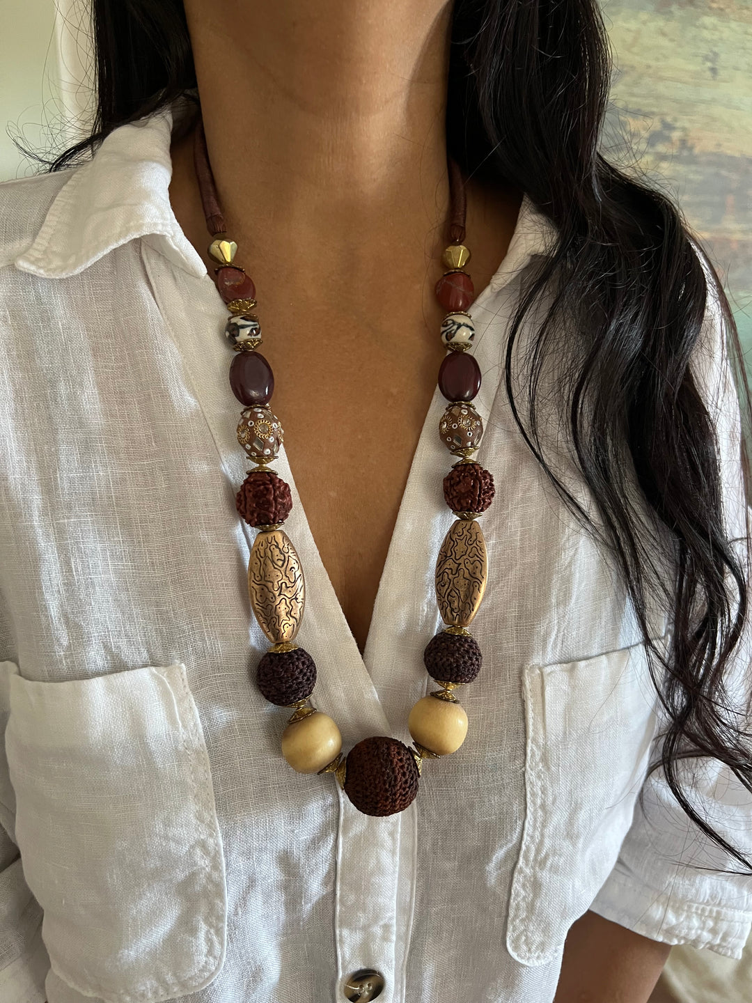 Artisanal Brass and Stone Statement Necklace
