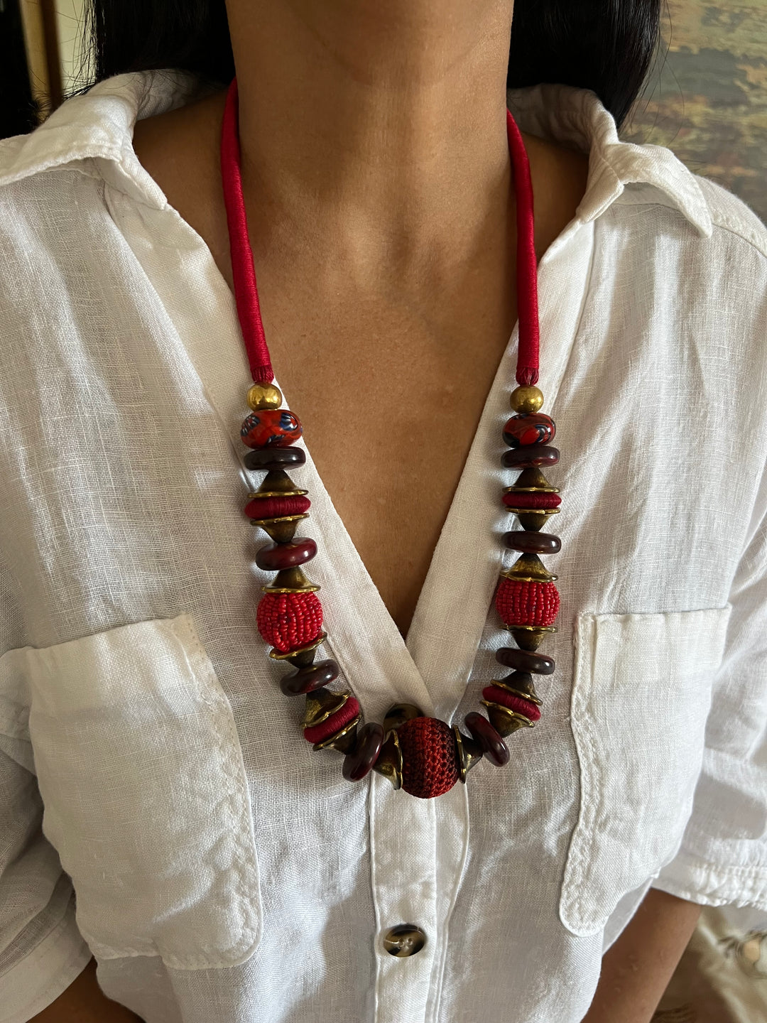 Artisanal Brass and Stone Statement Necklace