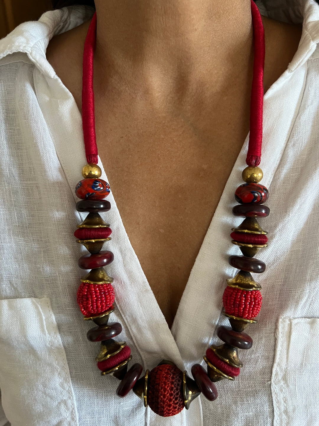 Artisanal Brass and Stone Statement Necklace