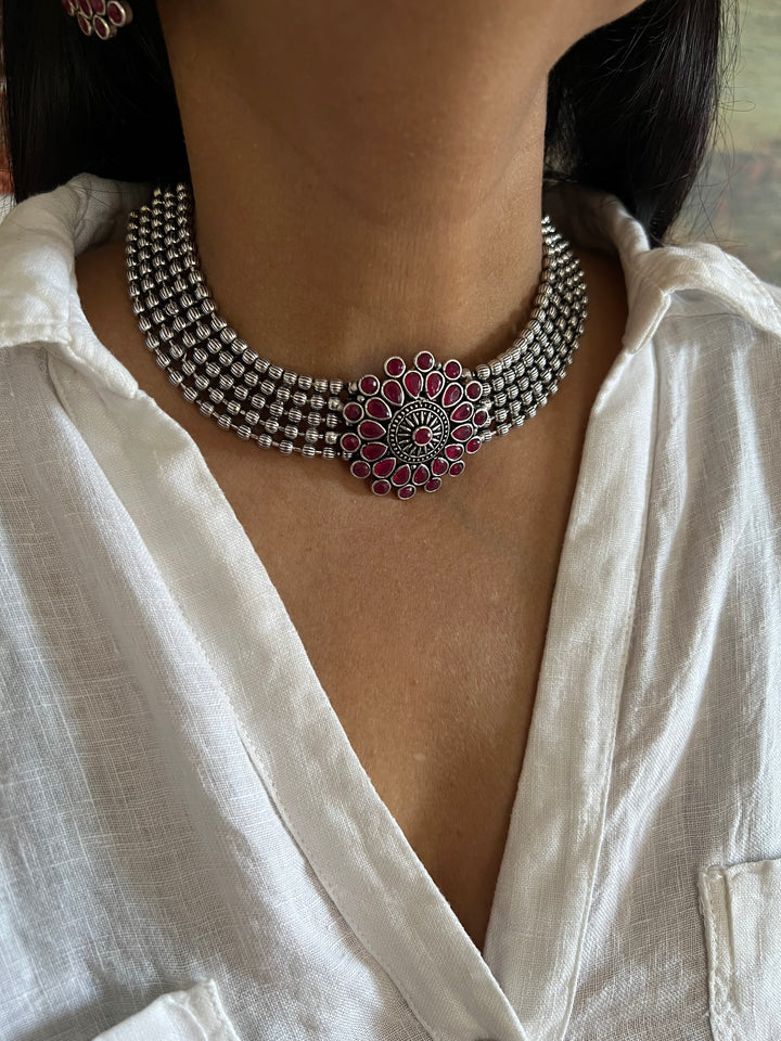 Handmade Brass Flower Choker Necklace with Oversized Studs