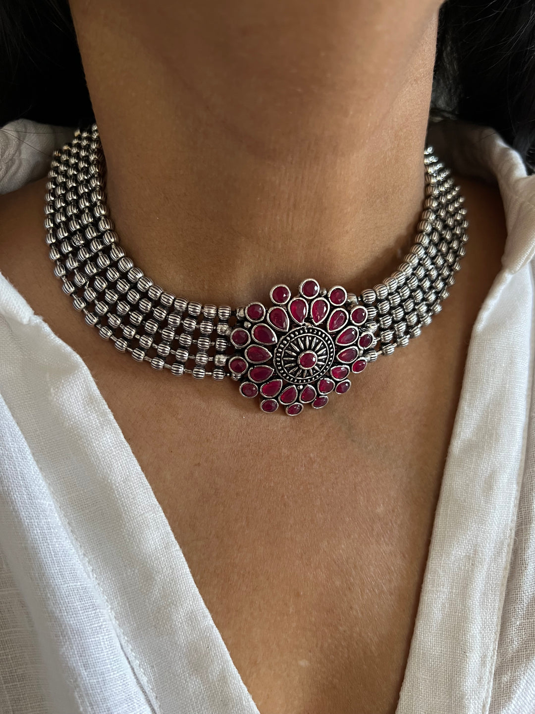 Handmade Brass Flower Choker Necklace with Oversized Studs