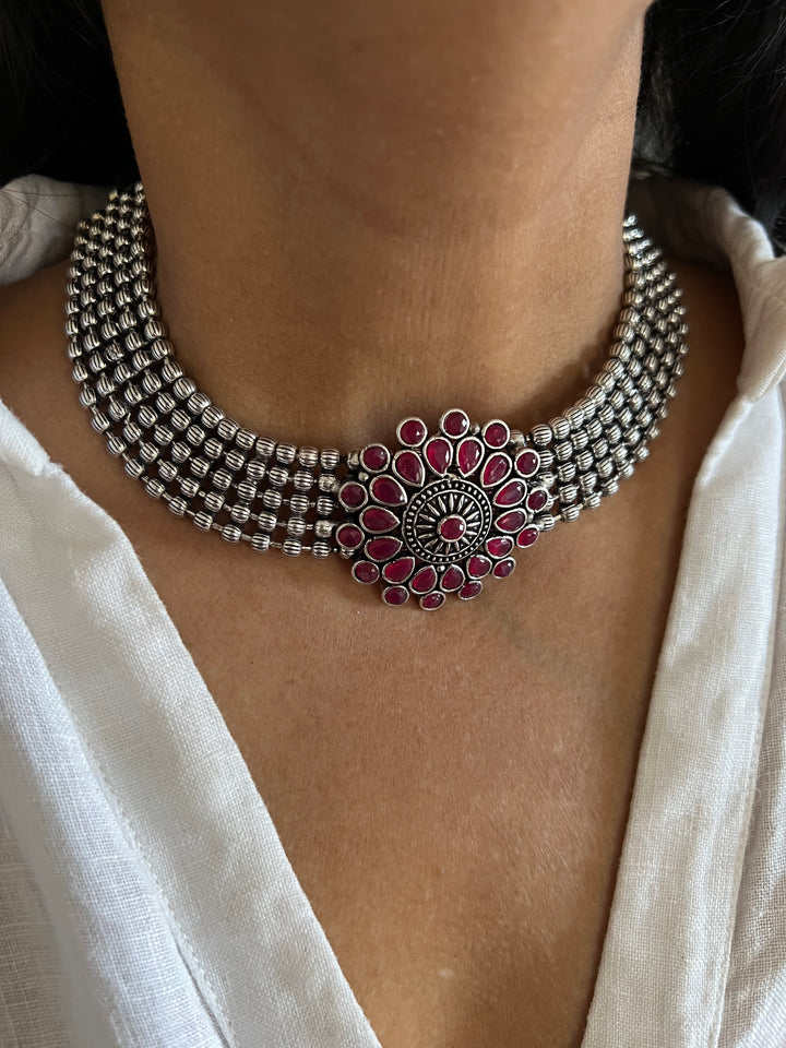 Handmade Brass Flower Choker Necklace with Oversized Studs