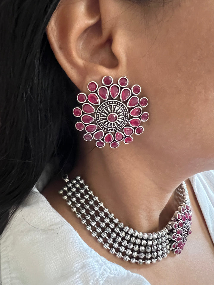 Handmade Brass Flower Choker Necklace with Oversized Studs