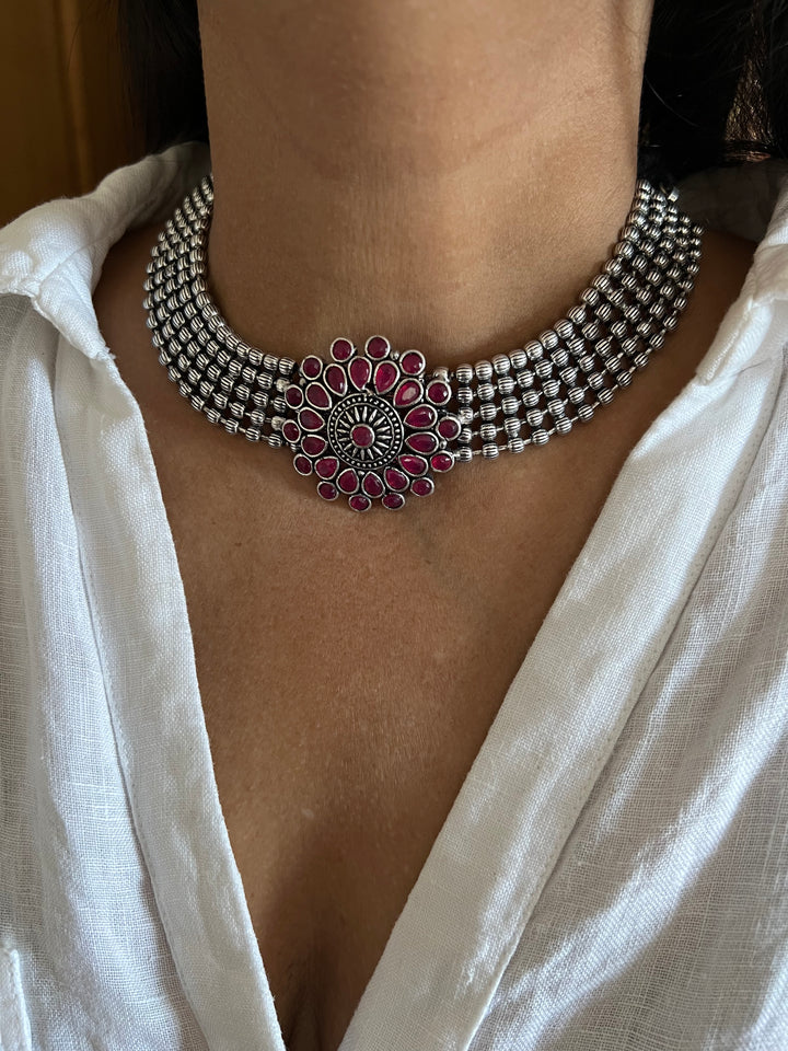 Handmade Brass Flower Choker Necklace with Oversized Studs