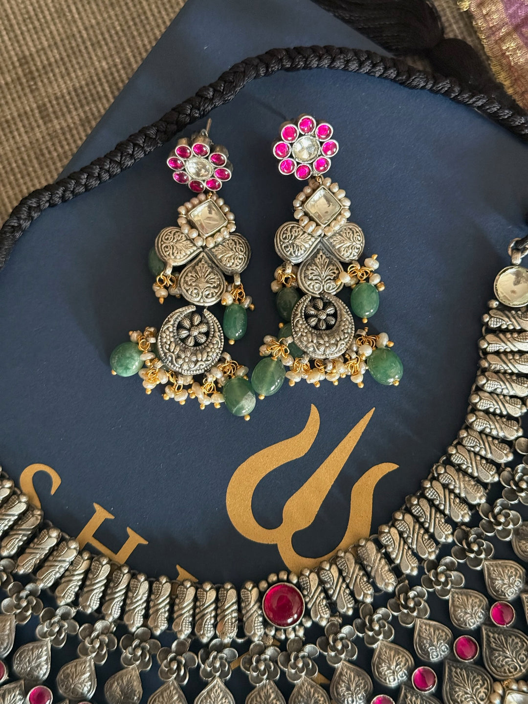 Handmade 925 Silver Pearl Green Beads Necklace Set | SHIVKA