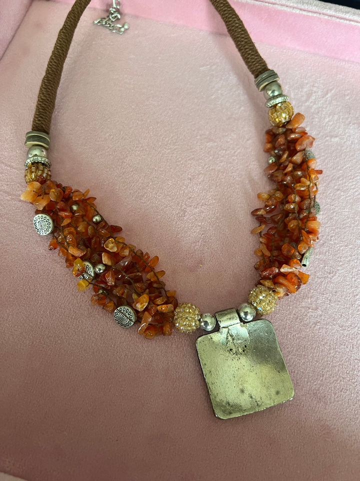 Artisanal Brass and Stone Statement Necklace