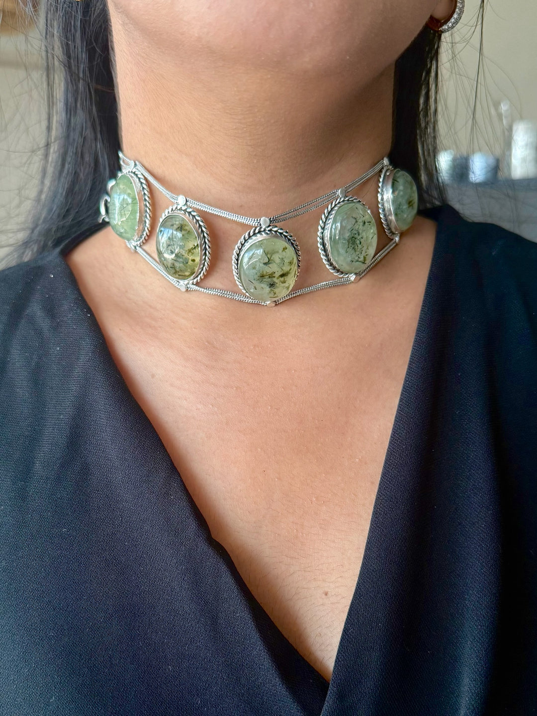 Statement Natural Prehnite Gemstone Choker / One-of-a-kind Jewelry/ Indian Choker