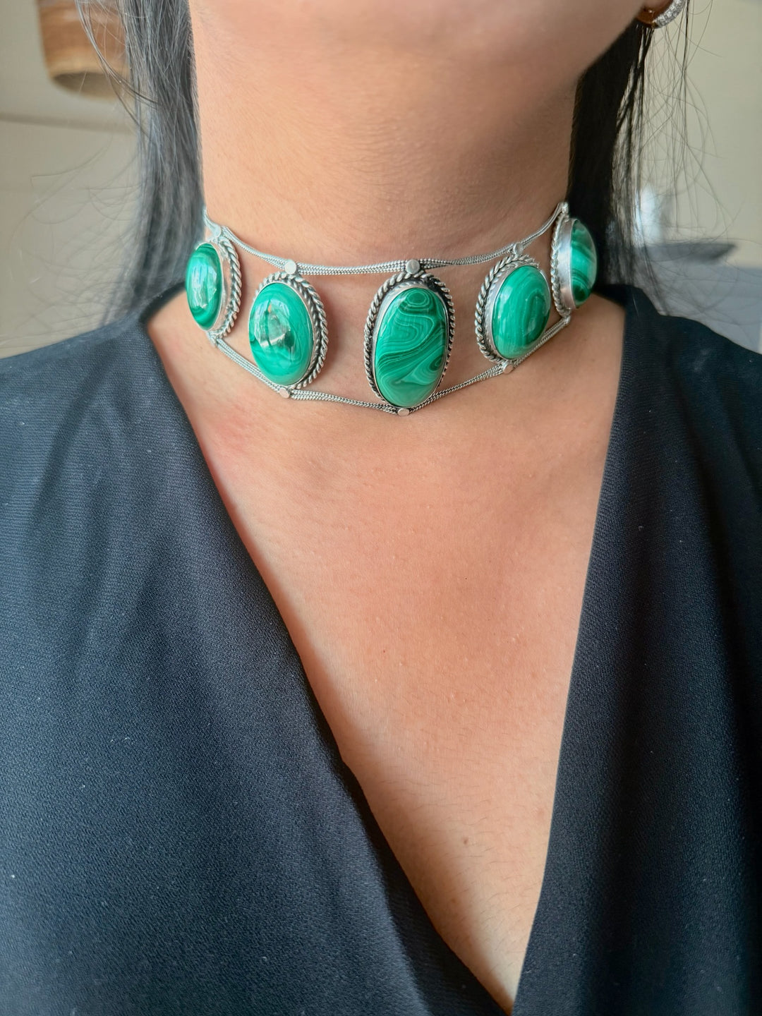 Statement Natural Malachite Gemstone Choker / One-of-a-kind Jewelry/ Indian Choker