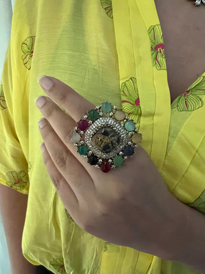 Exclusive Stone Navratan Ring – Premium Brass, 18g, Adjustable Antique Gold Finish