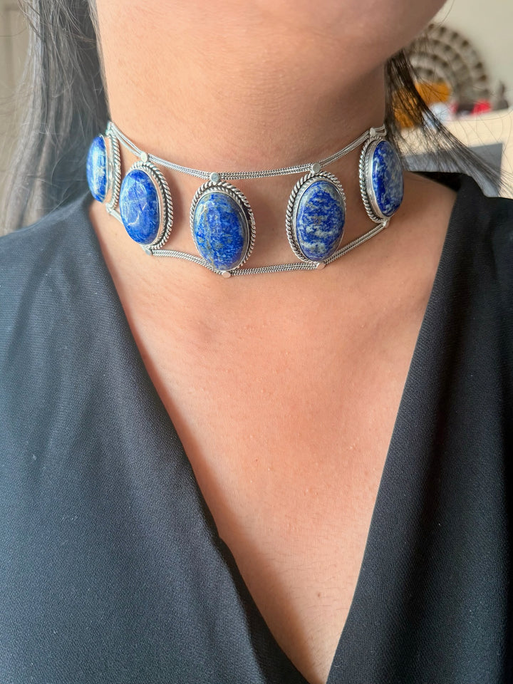 Statement Natural Lapis Lazuli Gemstone Choker / One-of-a-kind Jewelry/ Indian Choker