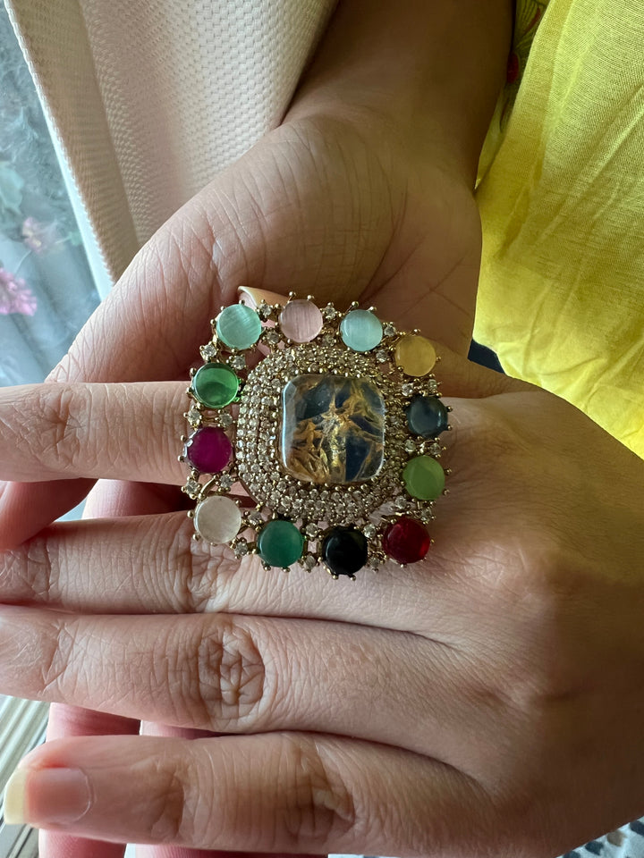 Exclusive Stone Navratan Ring – Premium Brass, 18g, Adjustable Antique Gold Finish