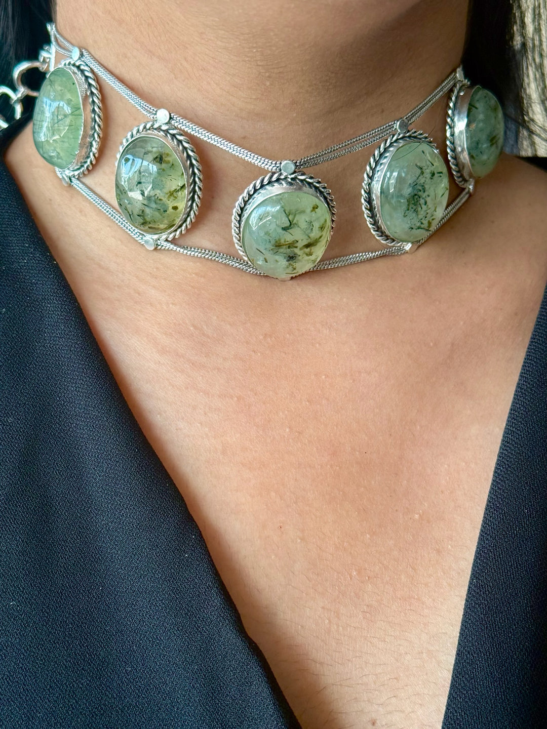 Statement Natural Prehnite Gemstone Choker / One-of-a-kind Jewelry/ Indian Choker