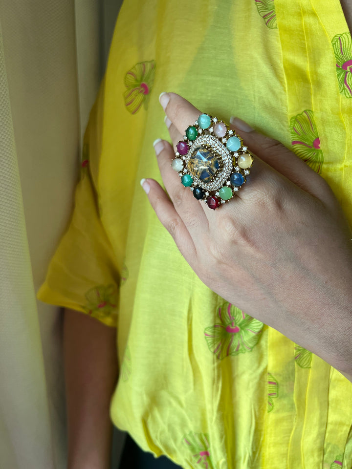 Exclusive Stone Navratan Ring – Premium Brass, 18g, Adjustable Antique Gold Finish