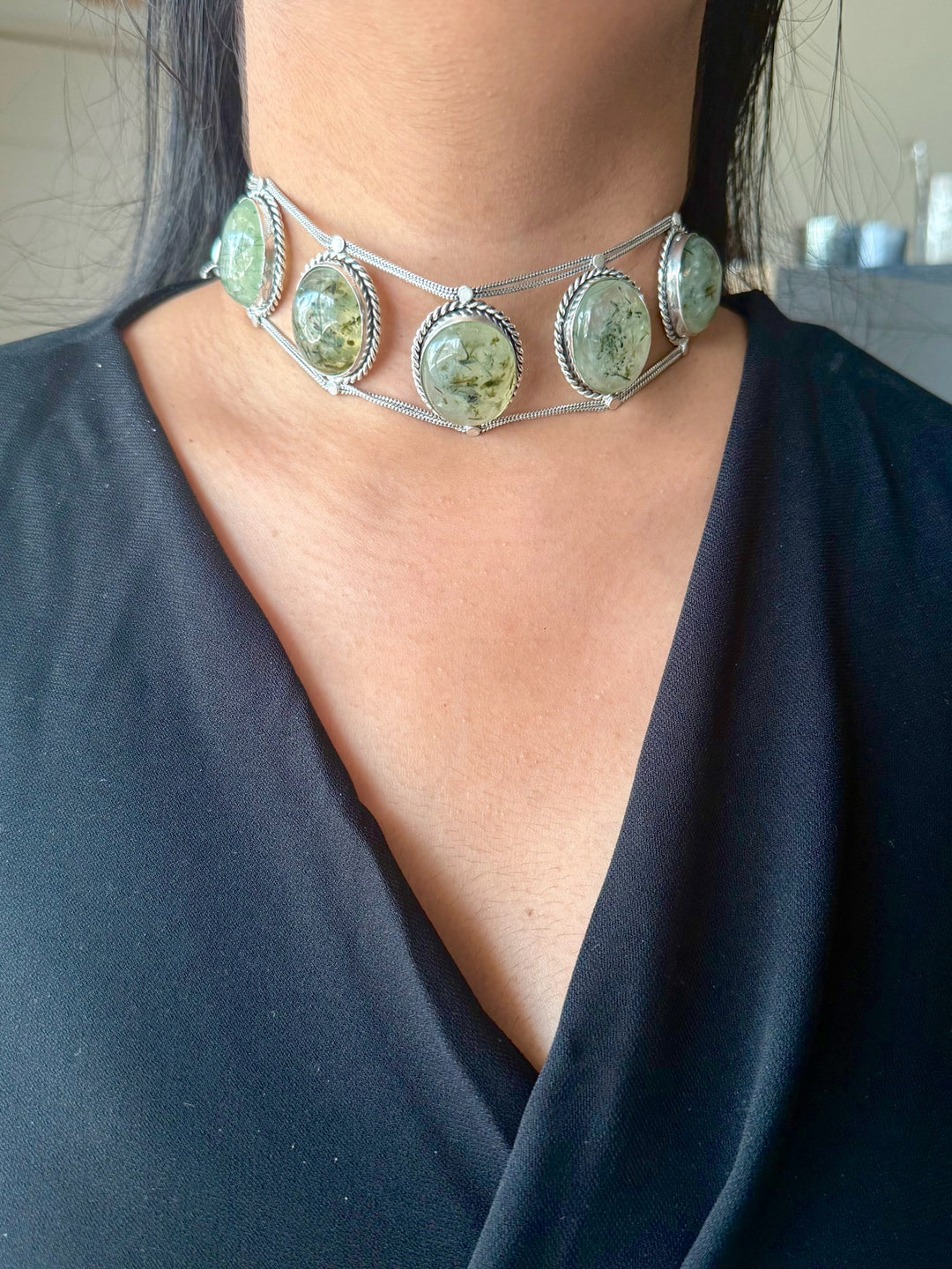 Statement Natural Prehnite Gemstone Choker / One-of-a-kind Jewelry/ Indian Choker